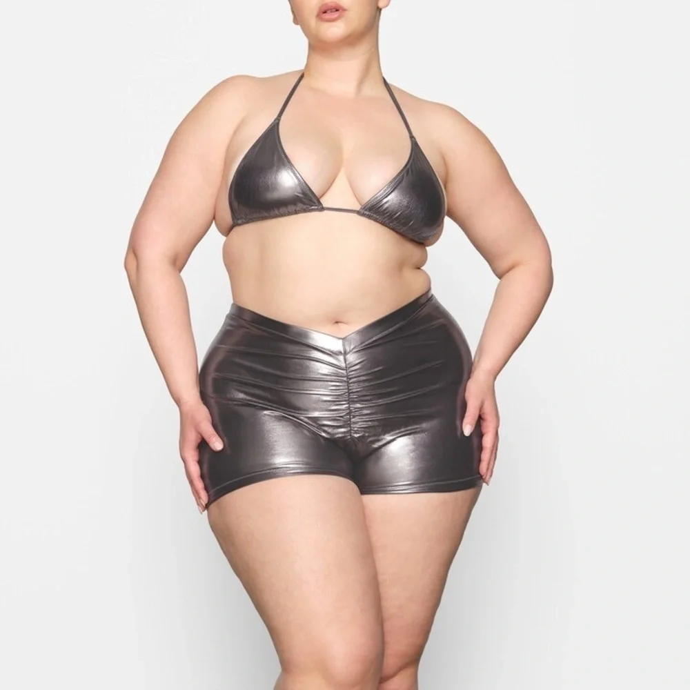 Skims Swim Metallic Swim V Waist Shorts Color Nickel Size 2X